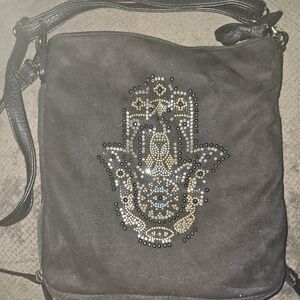 Black Suede Hamsa Embellished Women's Bag